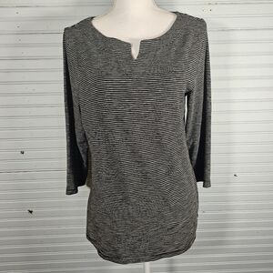 Talbots Keyhole Neckline Black White Tiny Stripe Stretch Shirt Size M